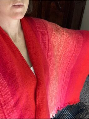 VINTAGE South American Handwoven Wool Poncho Wrap | Red Ombre Sunset Striped